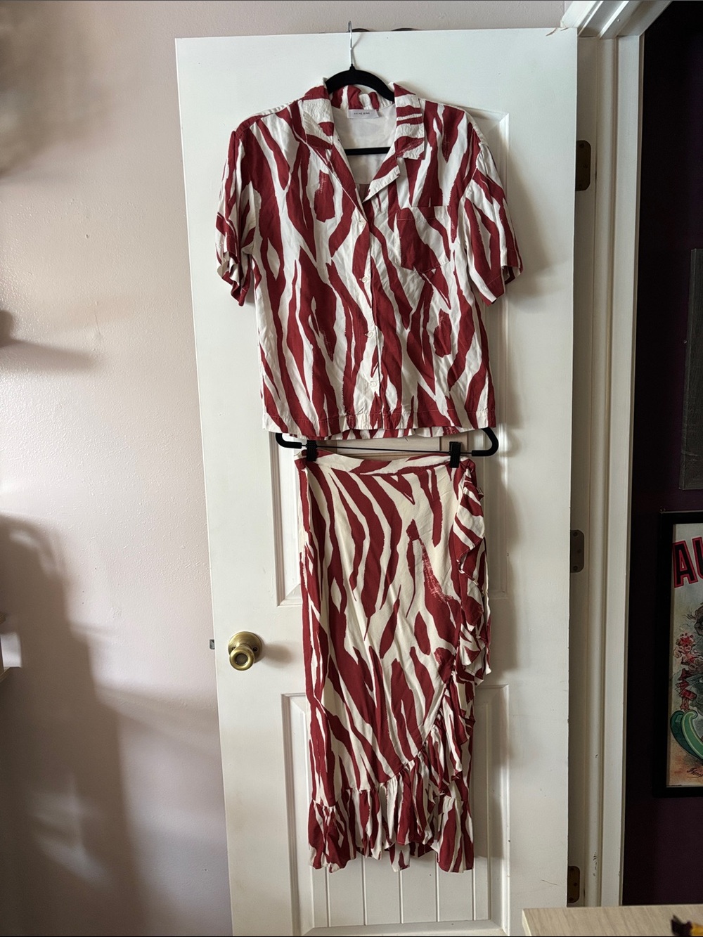 Anine Bing Red and White Zebra Print Midi Skirt and top set